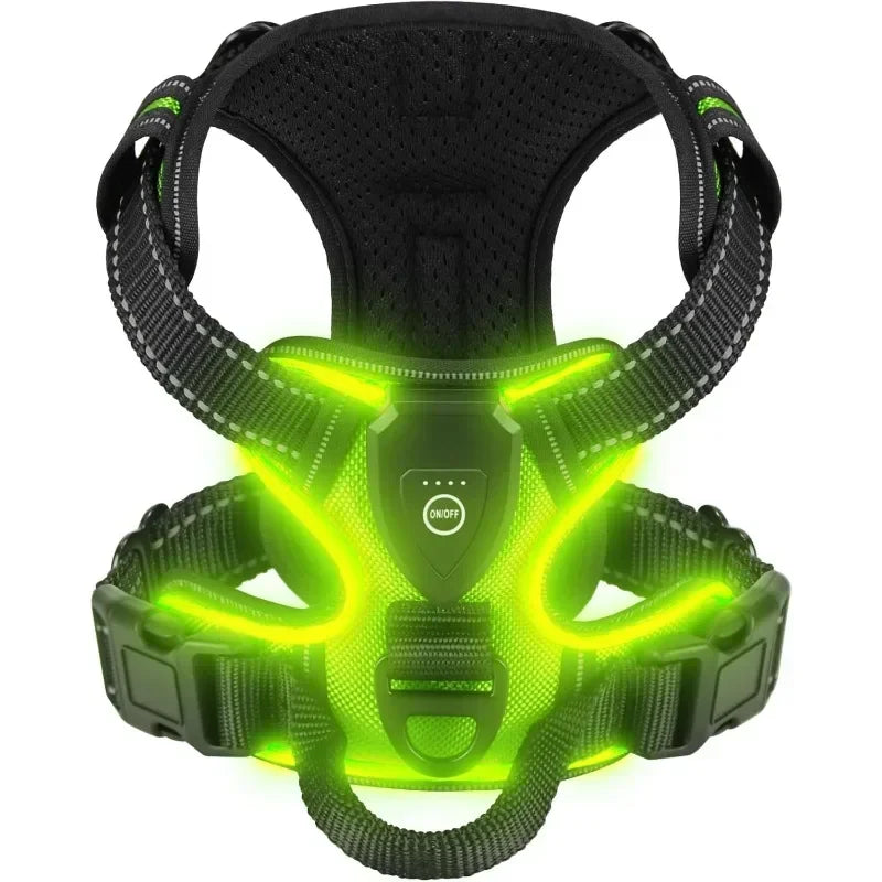 Black dog harness with green LED lights on a white background