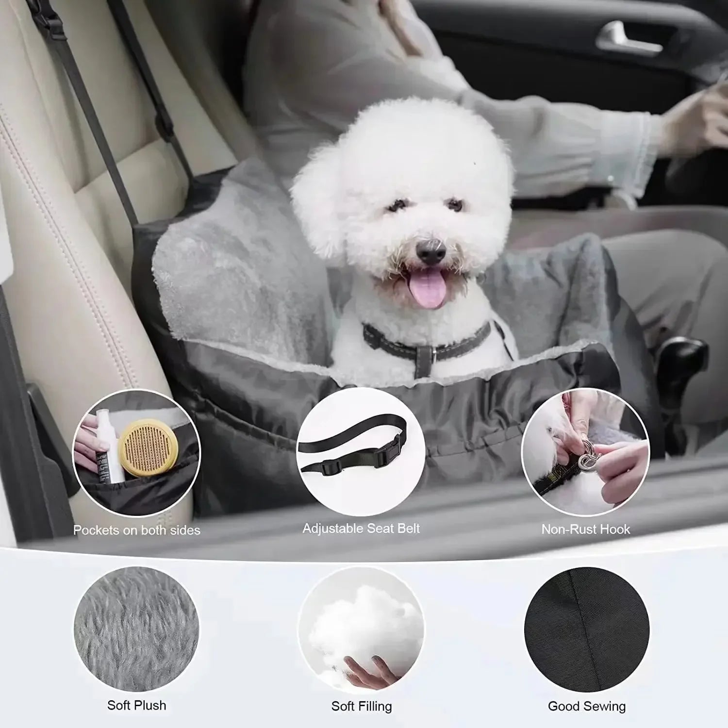 Dog sitting in a car seat cover with features highlighted on a white background