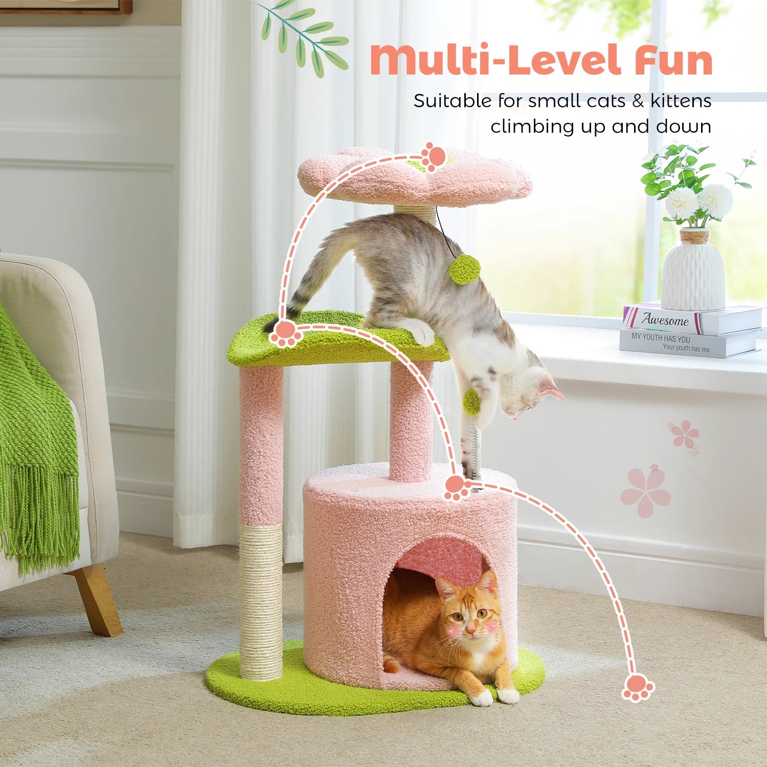 Cat tree with multiple levels and a cat climbing on it, suitable for small cats and kittens.