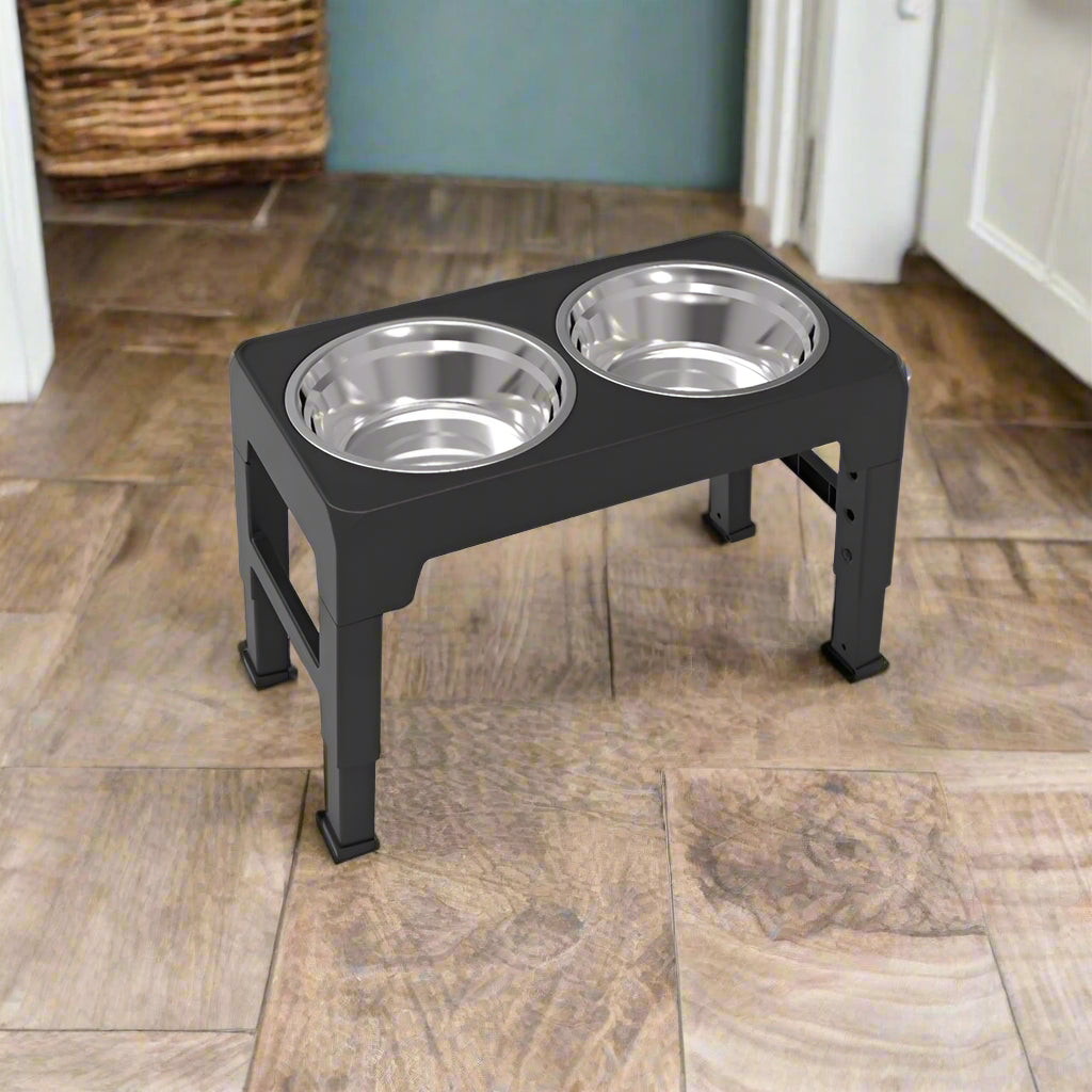 Elevated dog bowl stand that keeps mealtime tidy and clean