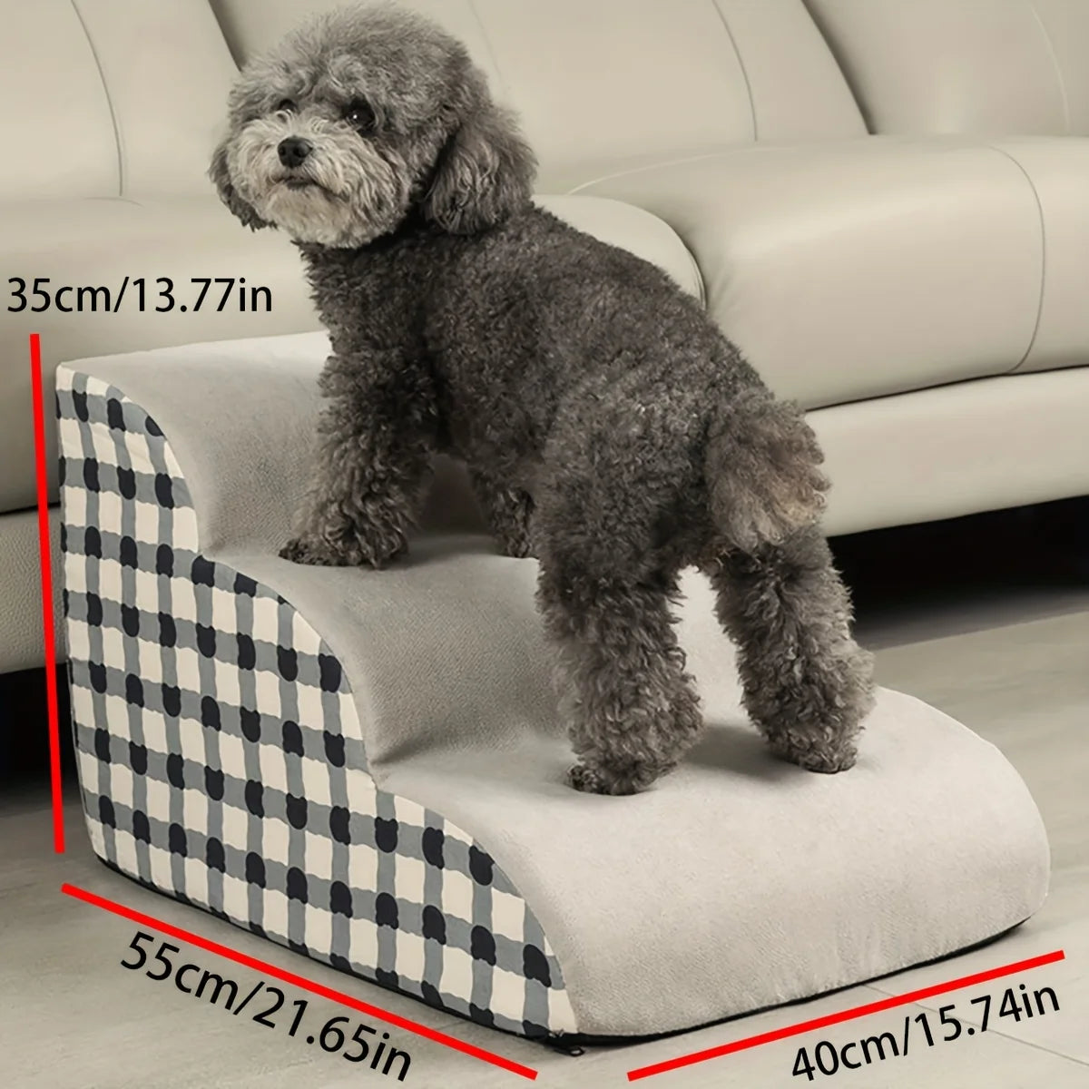 Dog standing on a checkered pet ramp with measurements indicated
