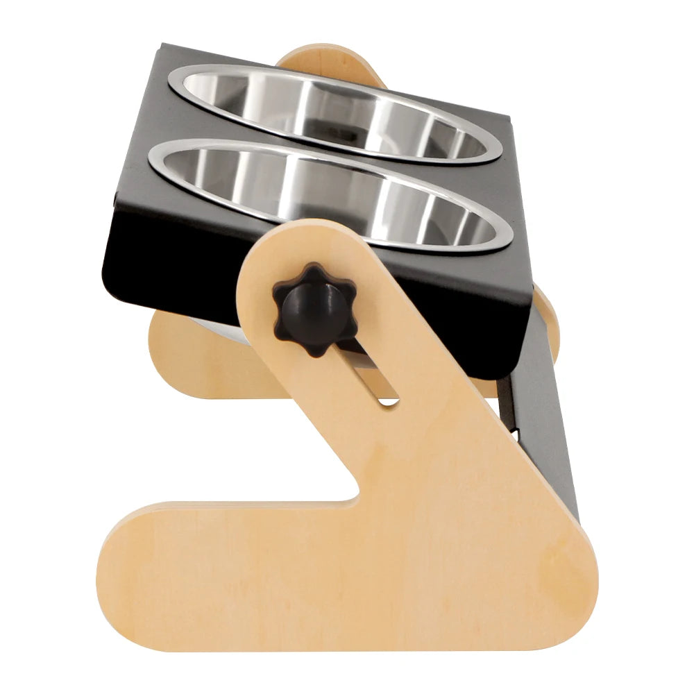 Pet bowl stand with two stainless steel bowls on a white background