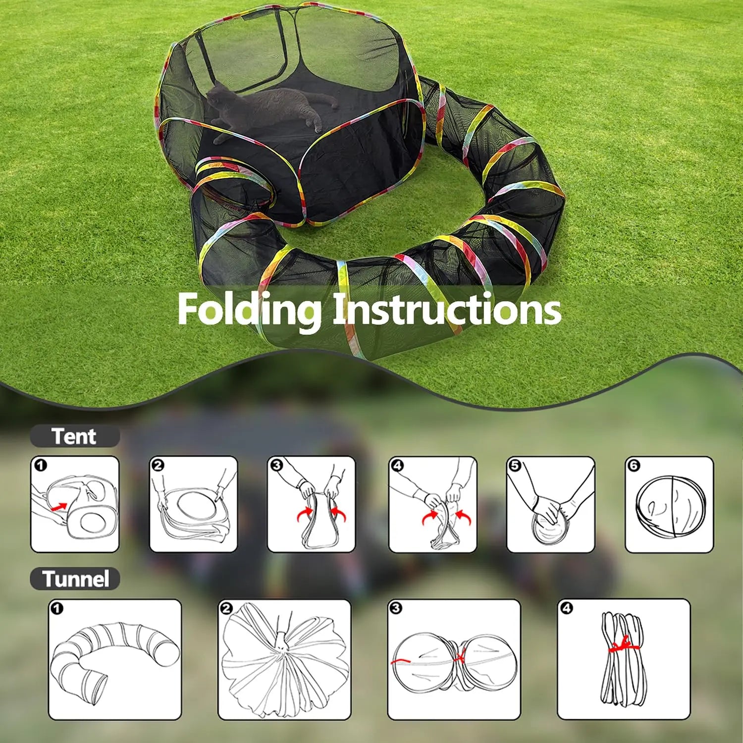Folding instructions for a tent and tunnel on a grass background
