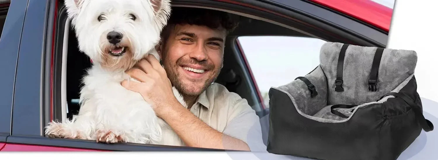 Man holding a white dog next to a pet car seat in a vehicle, with text 'A Clean and Happy Journey'.