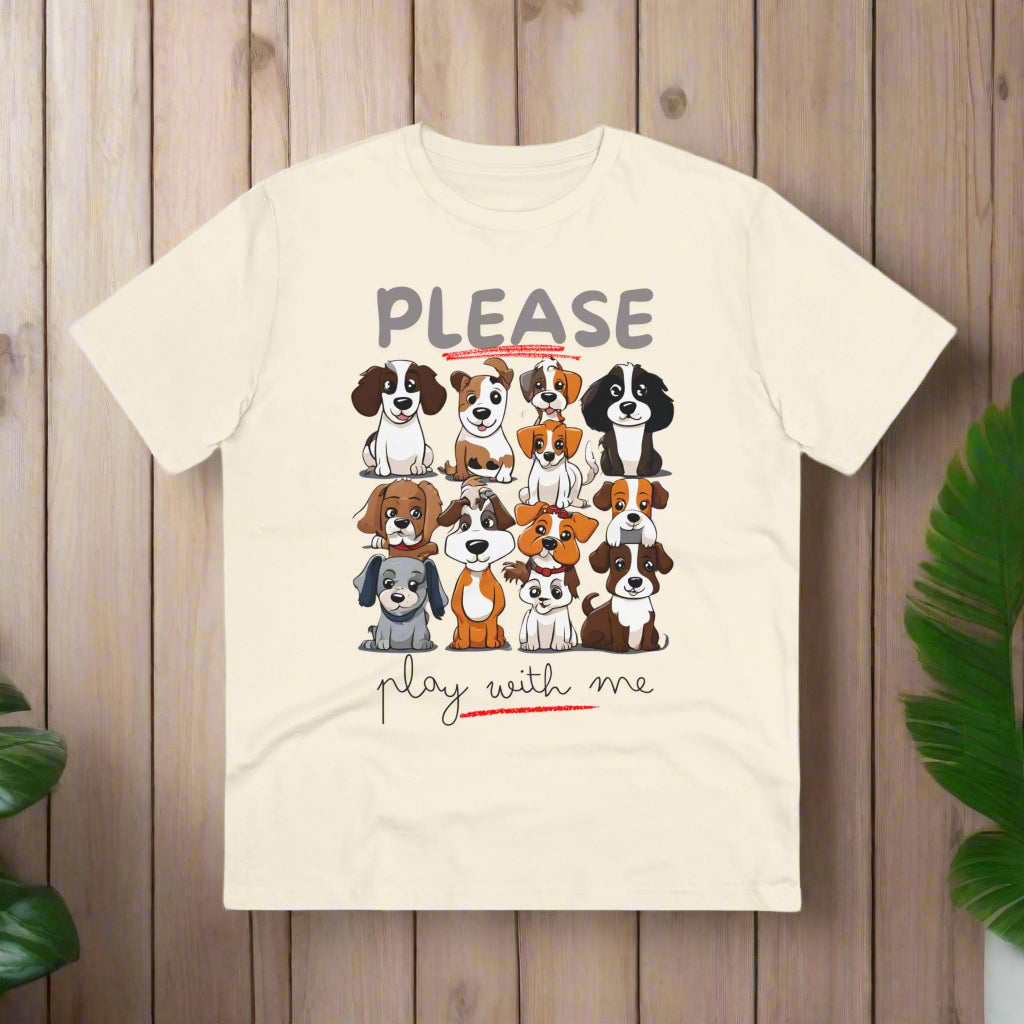 "PLEASE PLAY WITH ME" Soft Organic T-shirt - Unisex - Sniff Waggle And Walk PEACH COLOUR