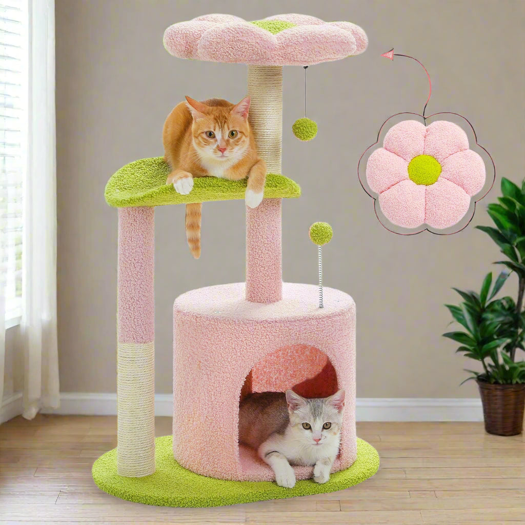 Pink and green cat tree with two cats on it, including a close-up of a pink flower.
