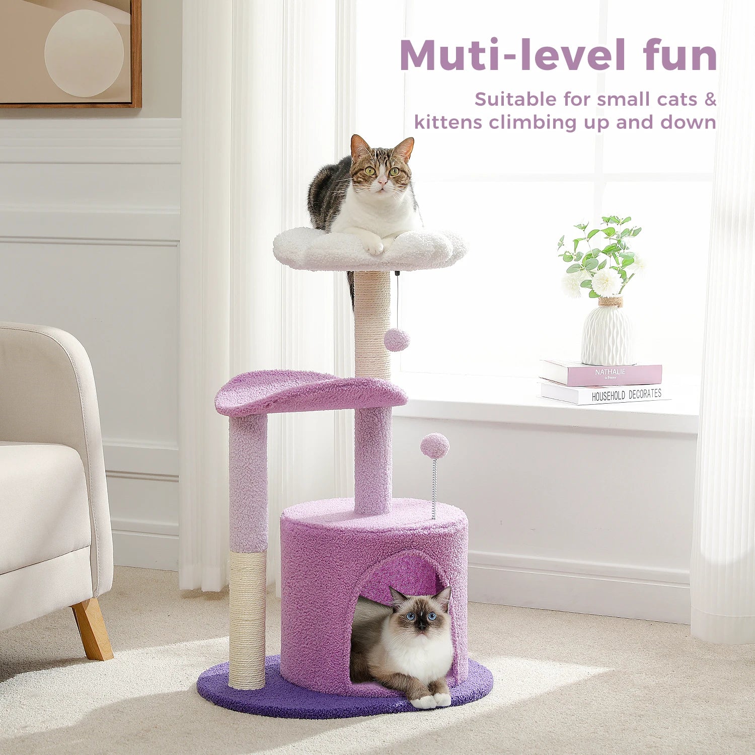 Cat tree with two cats on different levels in a room setting