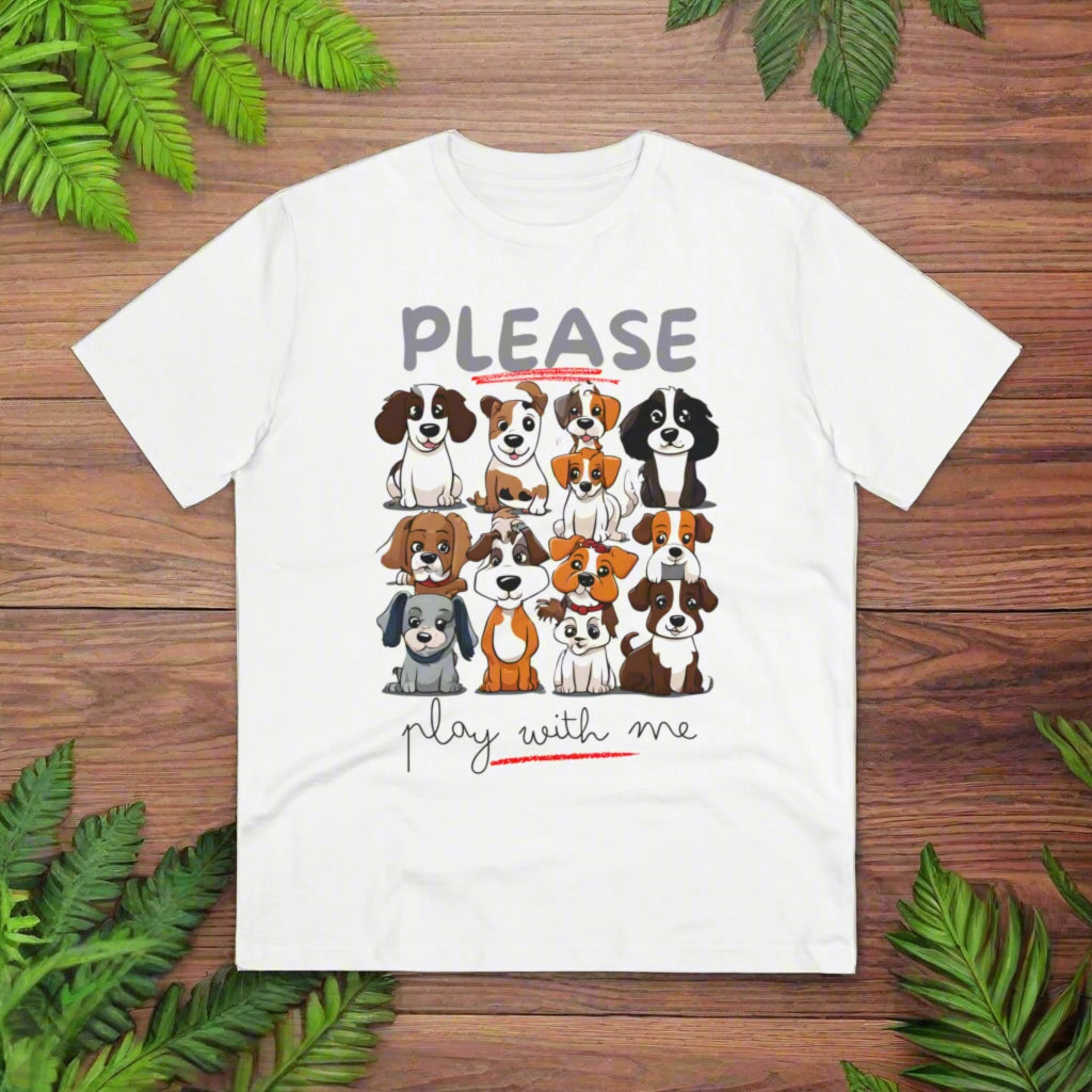 "PLEASE PLAY WITH ME" Soft Organic T-shirt - Unisex - Sniff Waggle And Walk WHITE