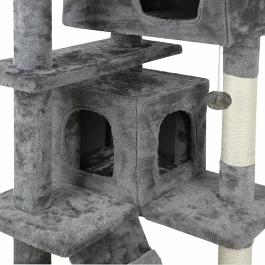 Side profile view of PawCastle multi-level grey cat tree showing stepped platform layout and two condos
