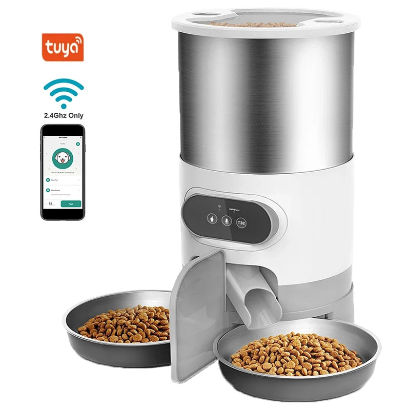 Smart WiFi-enabled pet feeder with two stainless steel bowls
