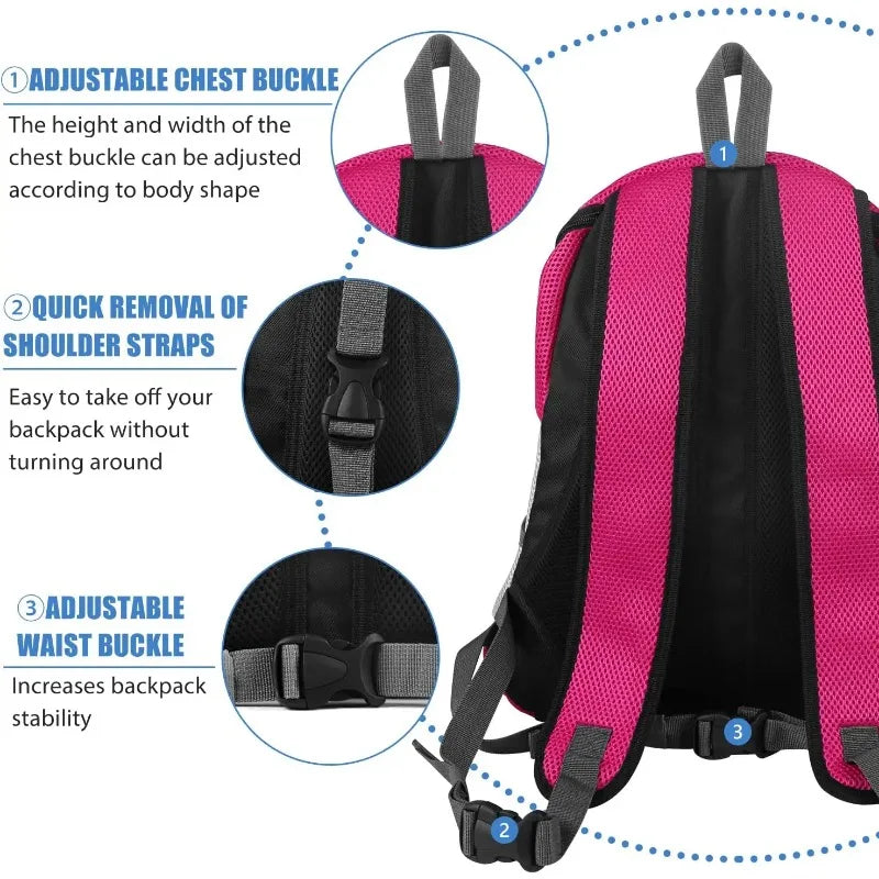 Pink and black backpack with adjustable features on a white background