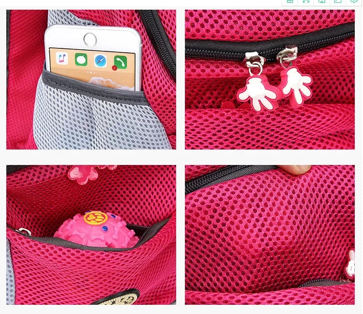 Collage of a pink dog carrier backpack with phone pocket, zipper details, and plush toy.