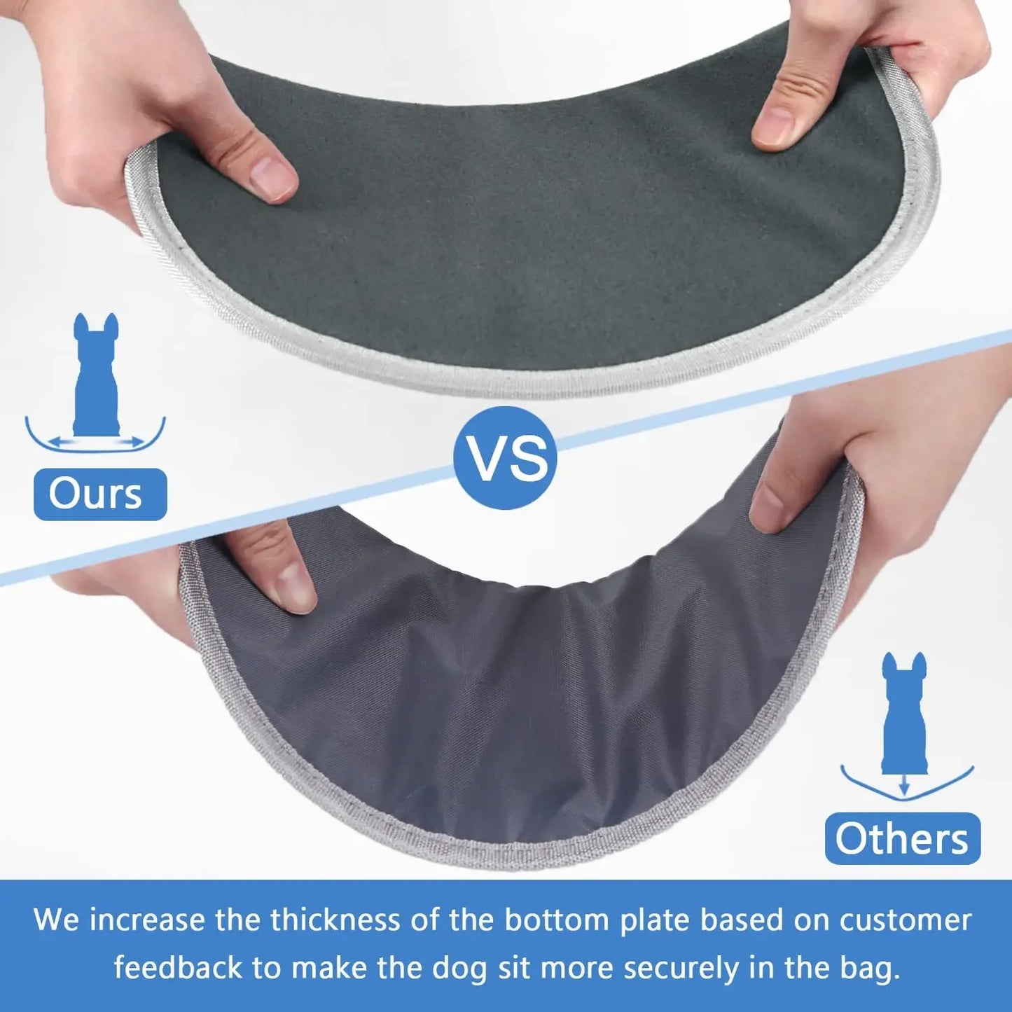Two hands holding a gray pet carrier with 'Ours' and 'Others' labels, showing increased thickness for better security.