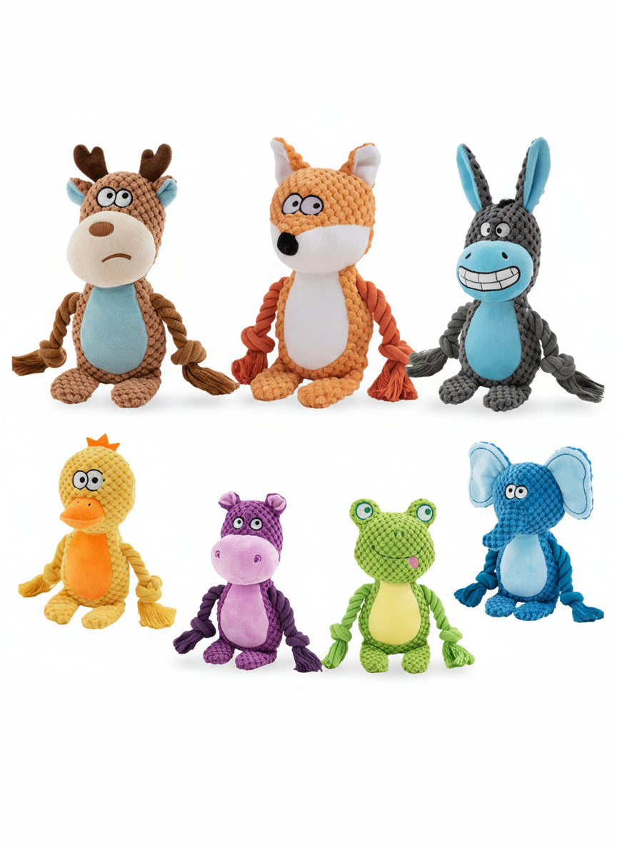 Set of colorful animal plush toys on a white background