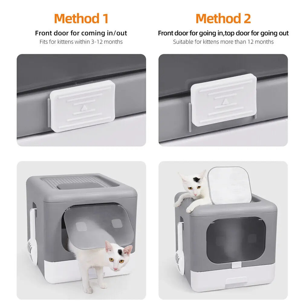 Two methods of using a pet door with a cat demonstrating different usage scenarios.