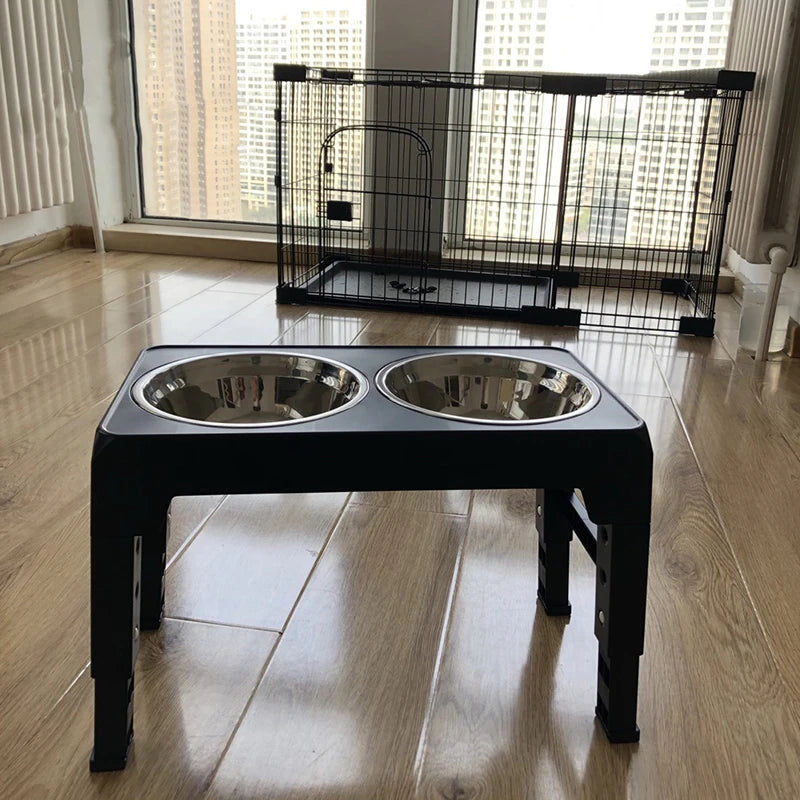 Slow feeder stainless steel dog bowl on elevated feeding stand