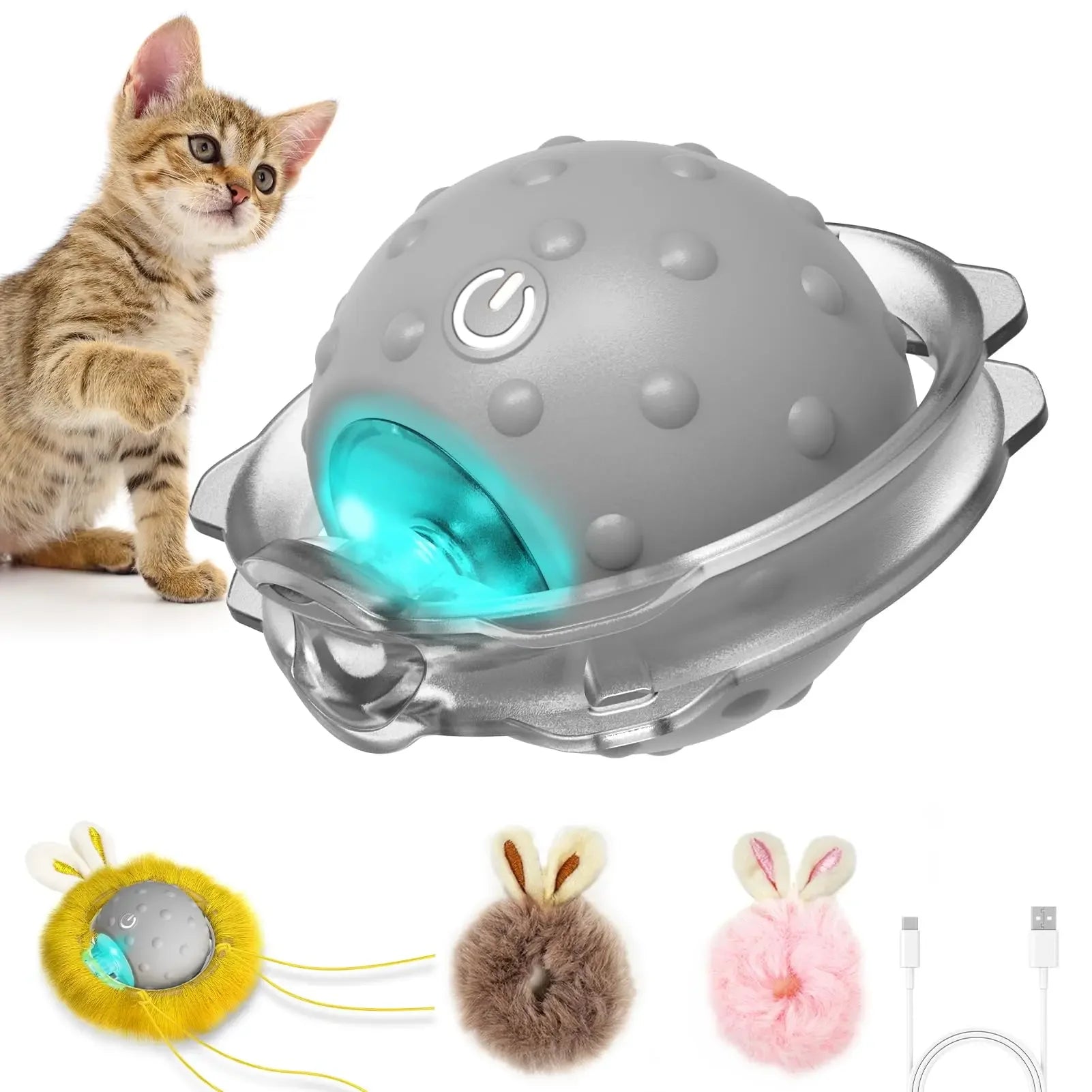 Cat toy with a USB cable and three additional toys on a white background