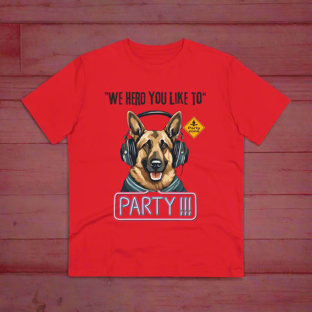 "WE HERD YOU LIKE TO PARTY" DOG LOVE TSHIRT RED Sniff Waggle And Walk