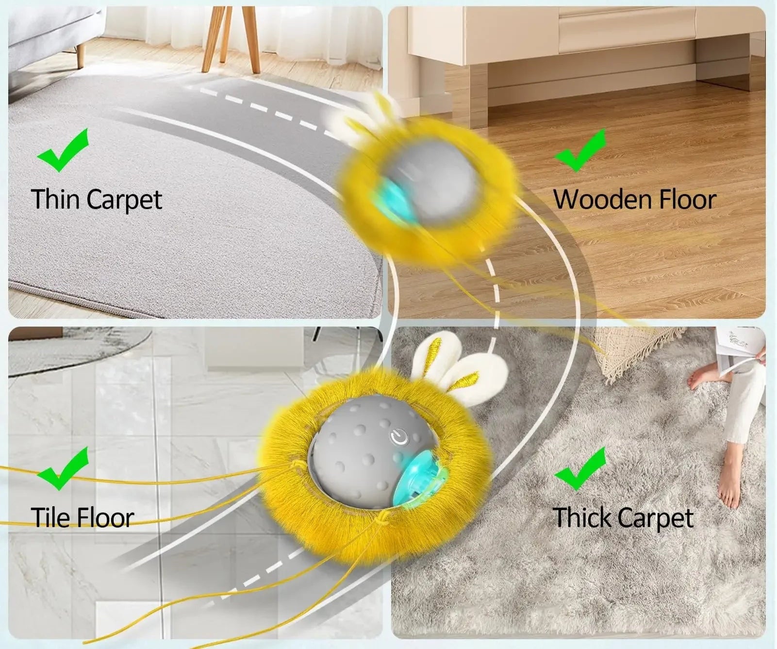 Cat toy ball with text on its suitability for different flooring types.