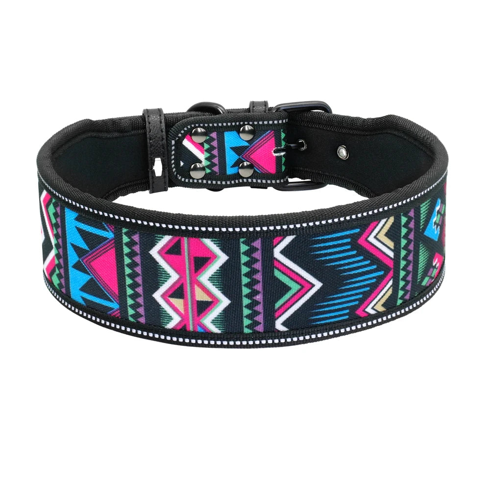 Dog collar with colorful geometric pattern on a white background