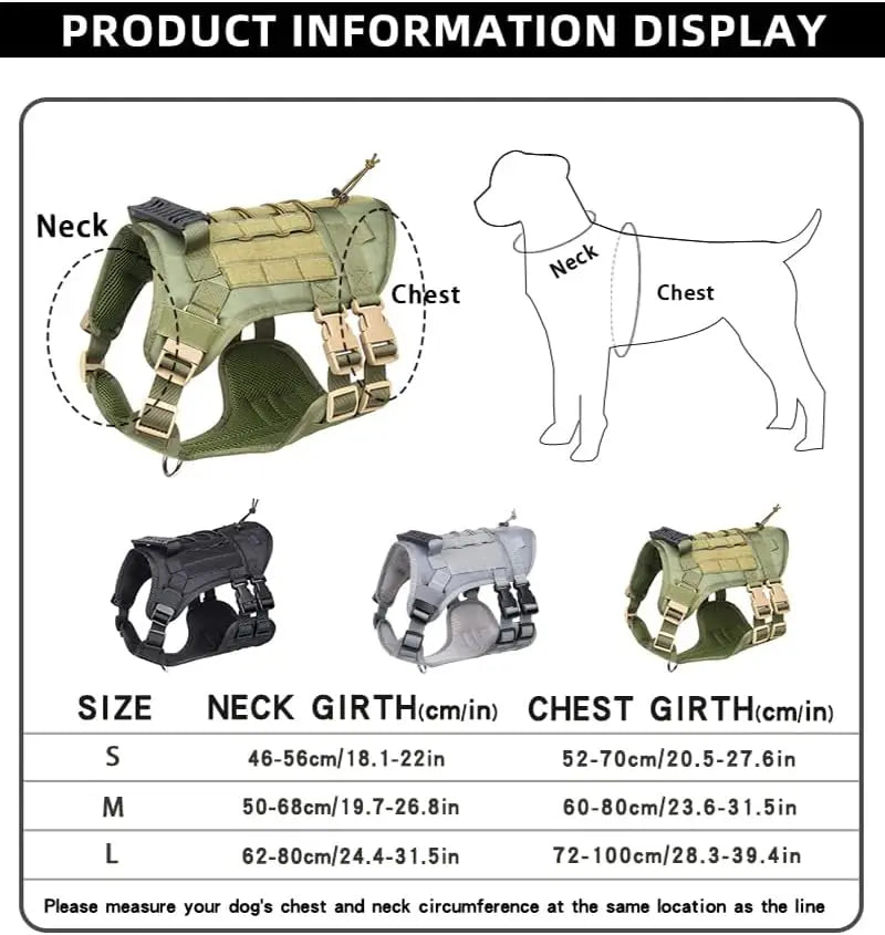 SniffWaggleNWalk TactiVest™ black tactical dog harness — MOLLE webbing, top handle and dual buckles, white background