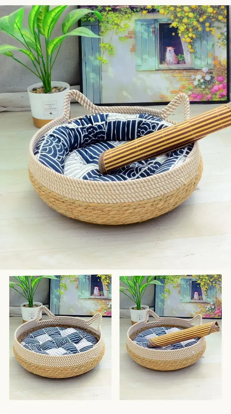 Breathable Handwoven Bamboo Cat Bed with Toy | Cozy Fun for Your Furry Friend!