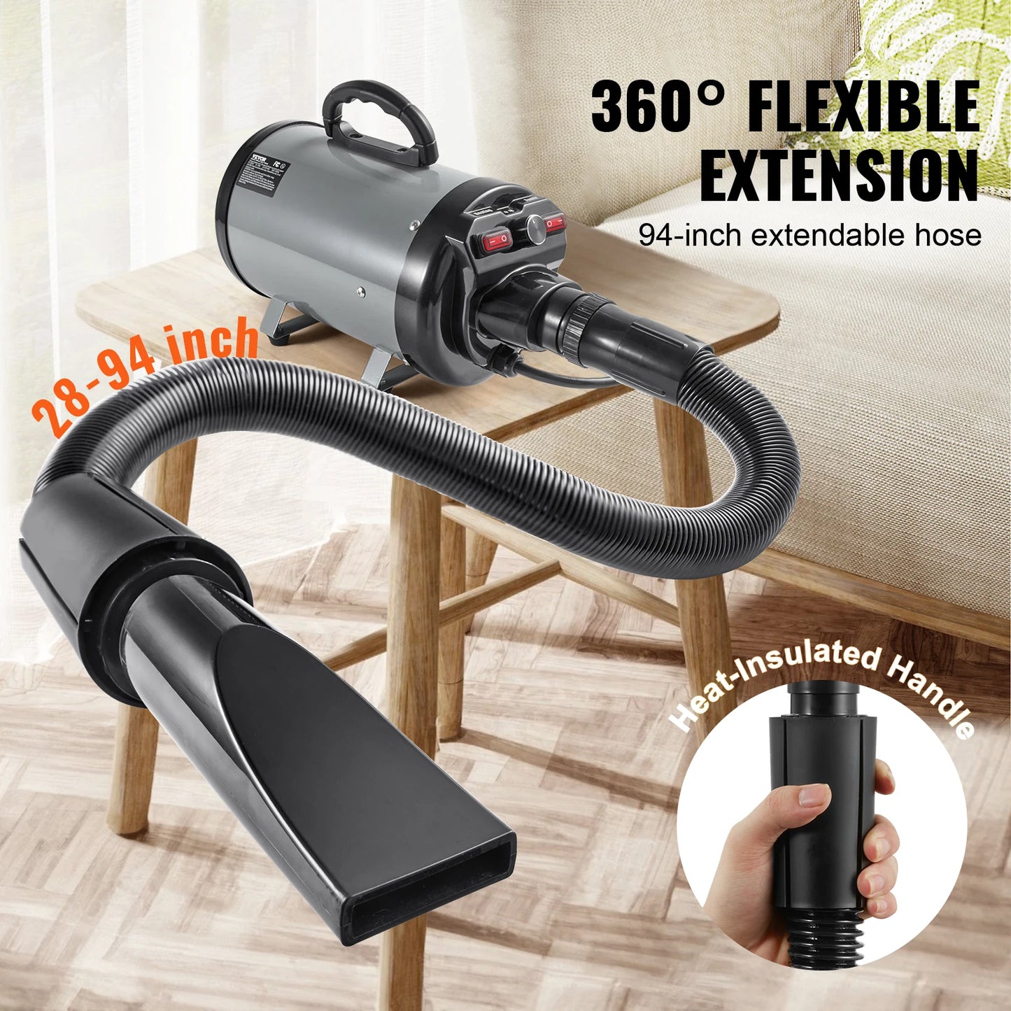 VEVOR 2000W/2.7HP Dog Blow Dryer Adjustable Speed Temperature Control with 4 Nozzles and Extendable Hose for Pet Hair Grooming - Sniff Waggle And Walk