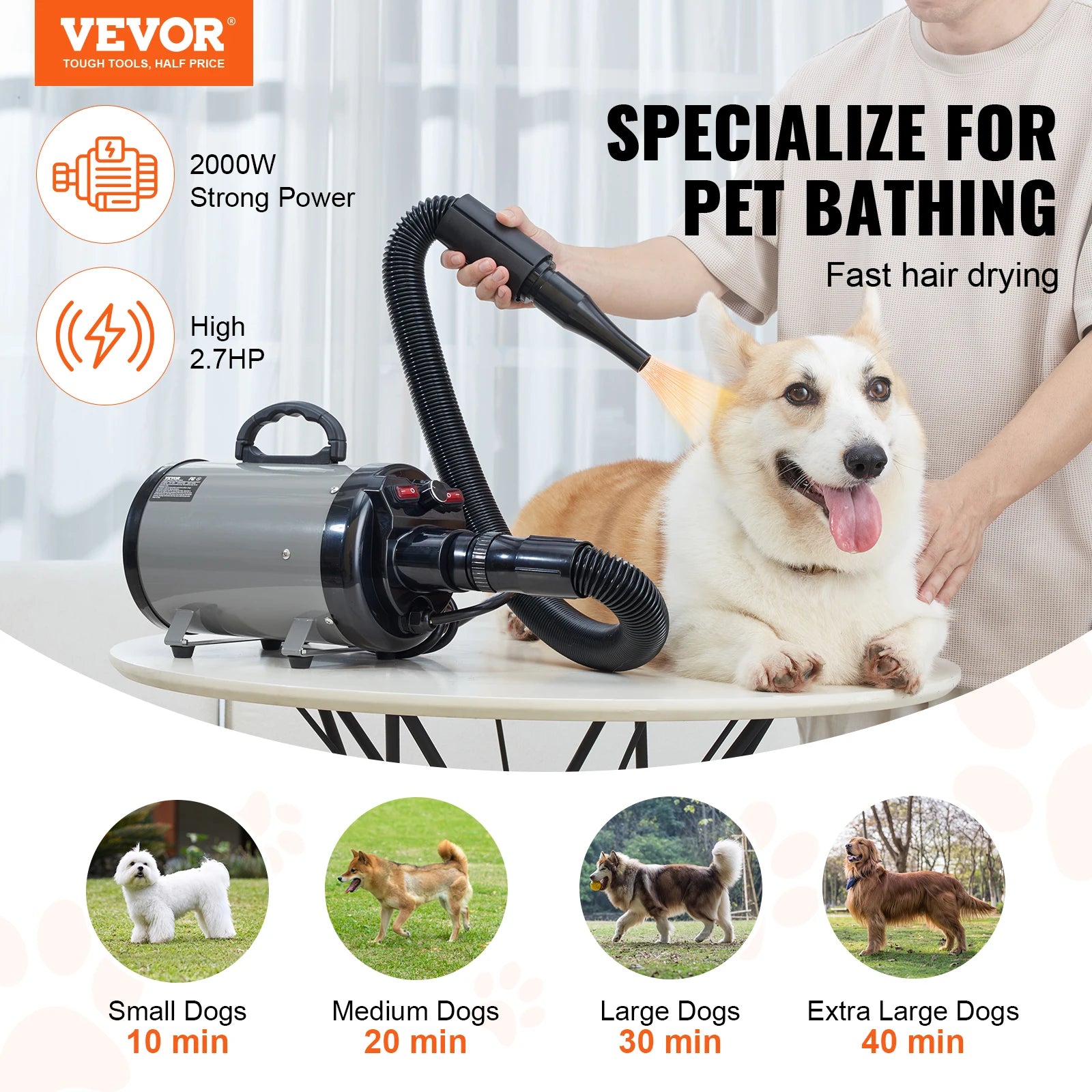VEVOR 2000W/2.7HP Dog Blow Dryer Adjustable Speed Temperature Control with 4 Nozzles and Extendable Hose for Pet Hair Grooming - Sniff Waggle And Walk