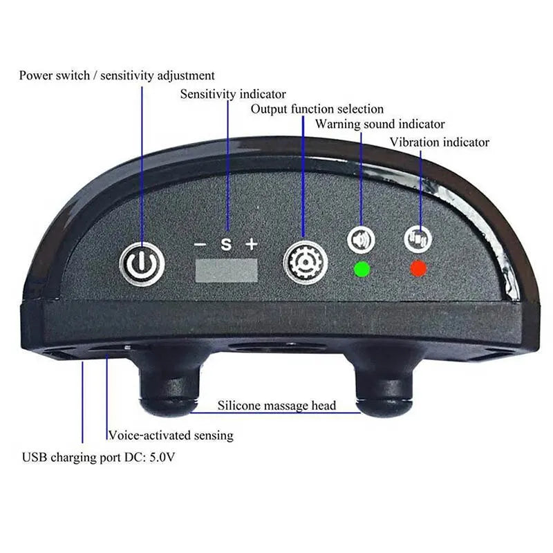 HushPup™ anti-bark collar in black — worn on adjustable nylon strap with reflective stitching