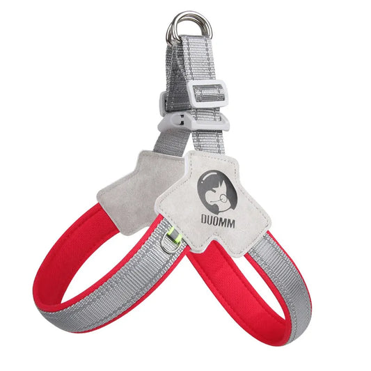 ReflexFit harness feature diagram showing convenient sturdy socket buckle, double D-ring safety traction, multi-function side ring and high brightness reflective ribbon