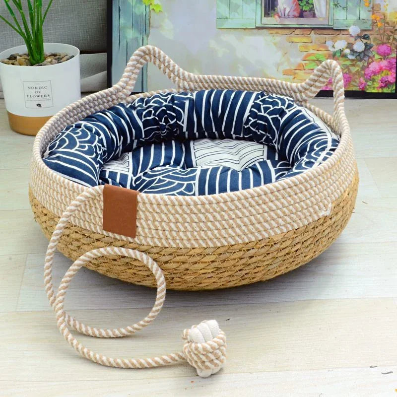 Breathable Handwoven Bamboo Cat Bed with Toy | Cozy Fun for Your Furry Friend!