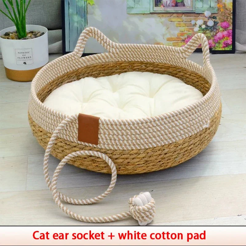Breathable Handwoven Bamboo Cat Bed with Toy | Cozy Fun for Your Furry Friend!