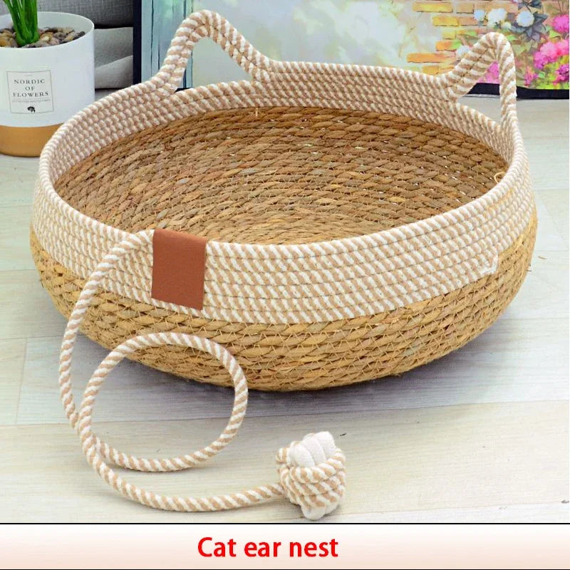 Breathable Handwoven Bamboo Cat Bed with Toy | Cozy Fun for Your Furry Friend!