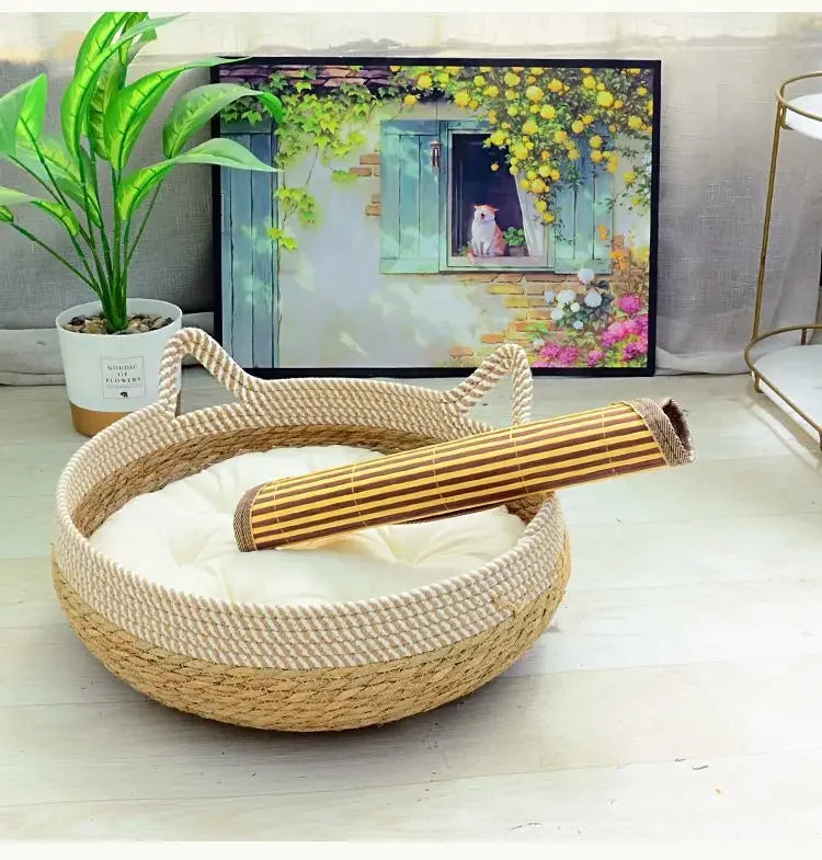Breathable Handwoven Bamboo Cat Bed with Toy | Cozy Fun for Your Furry Friend!