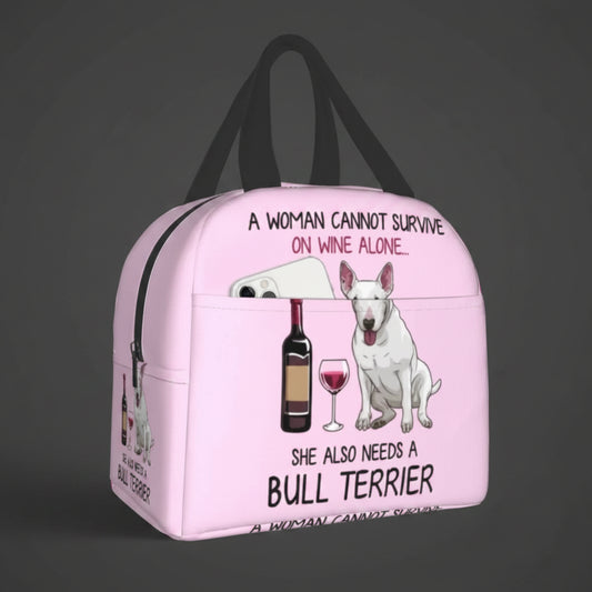 SniffWaggleNWalk Bull Terrier & Wine Funny Dog Insulated Lunch Bag — 11 designs, leakproof zipper, 22x20x13cm thermal tote