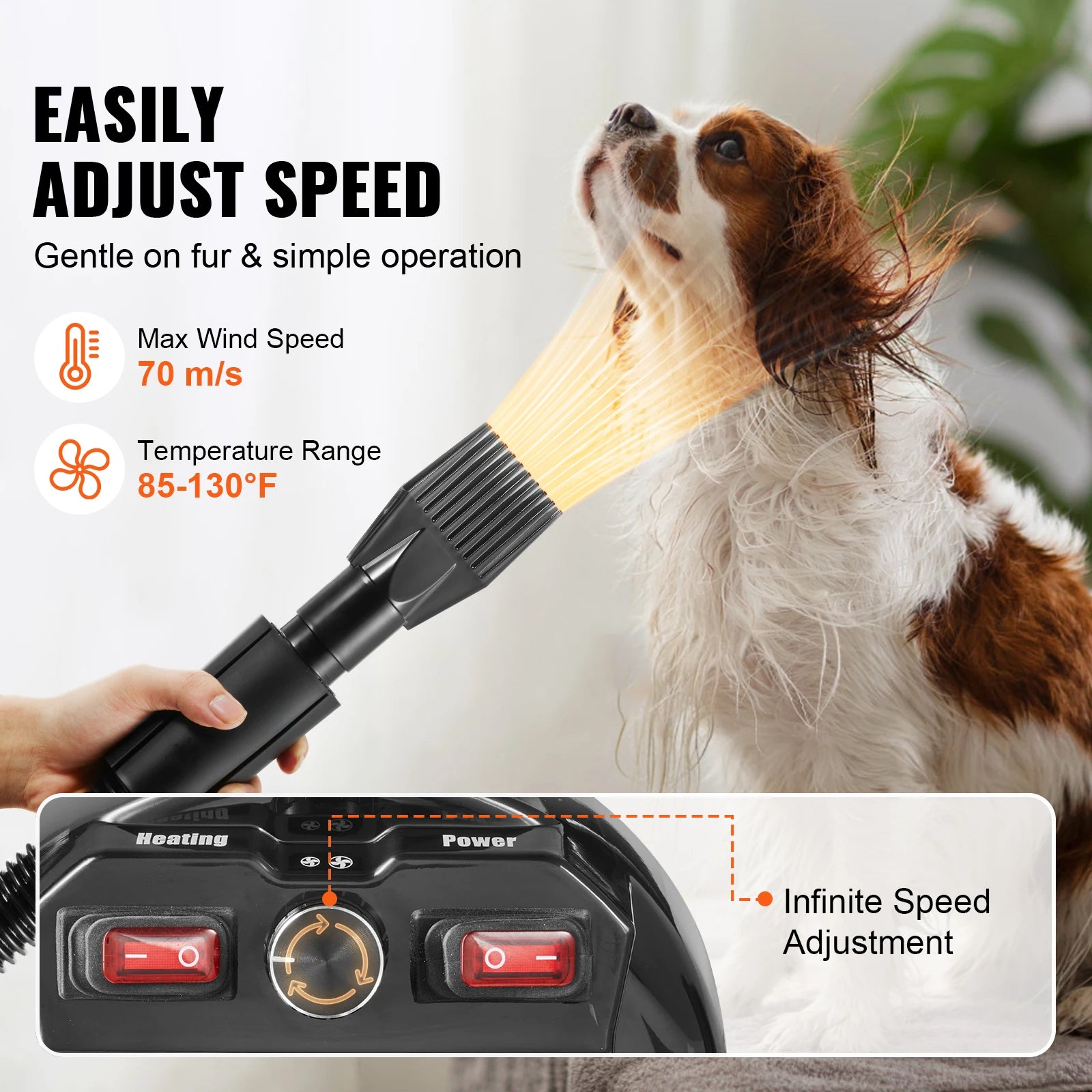 VEVOR 2000W/2.7HP Dog Blow Dryer Adjustable Speed Temperature Control with 4 Nozzles and Extendable Hose for Pet Hair Grooming - Sniff Waggle And Walk