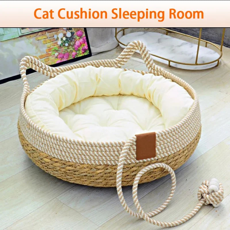 Breathable Handwoven Bamboo Cat Bed with Toy | Cozy Fun for Your Furry Friend!