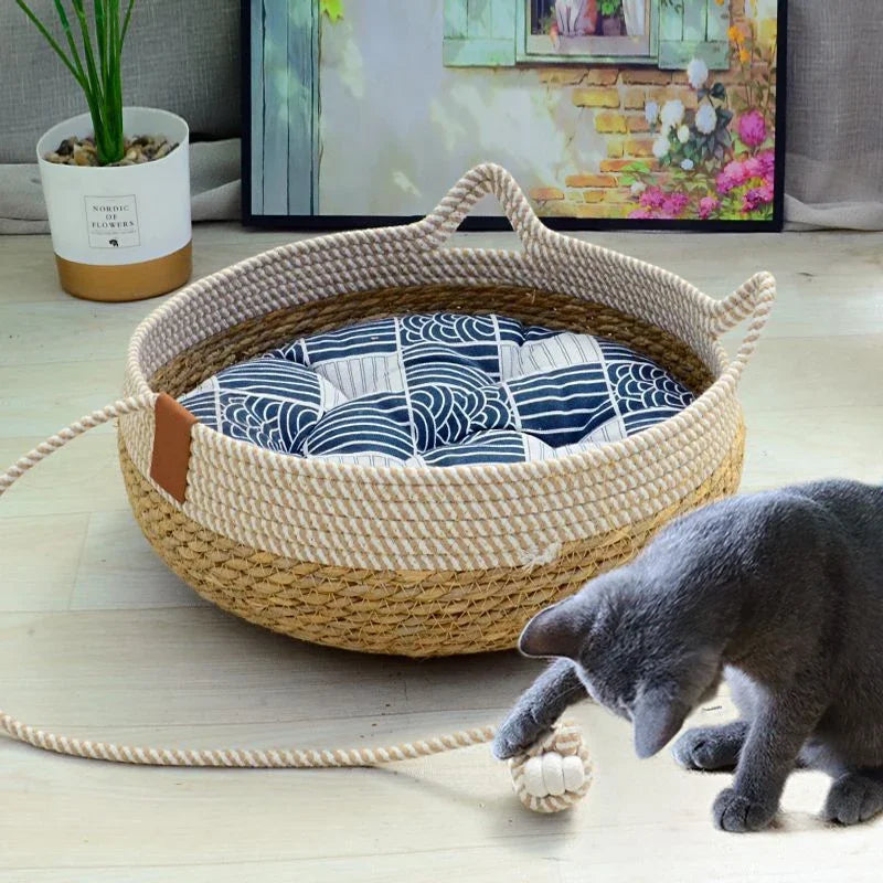 Breathable Handwoven Bamboo Cat Bed with Toy | Cozy Fun for Your Furry Friend!