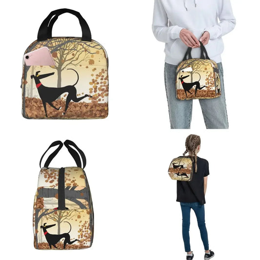 SniffWaggleNWalk sighthound lunch bag side view — leakproof zipper closure, insulated lining, compact rectangular shape
