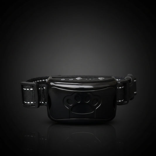 HushPup™ anti-bark collar top panel showing power button, sensitivity controls, mode selector and LED indicators