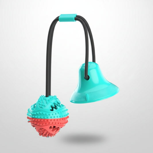 SuctionPup suction cup slow feeder base pressed to tiled floor — stays locked while dog spins the bowl.