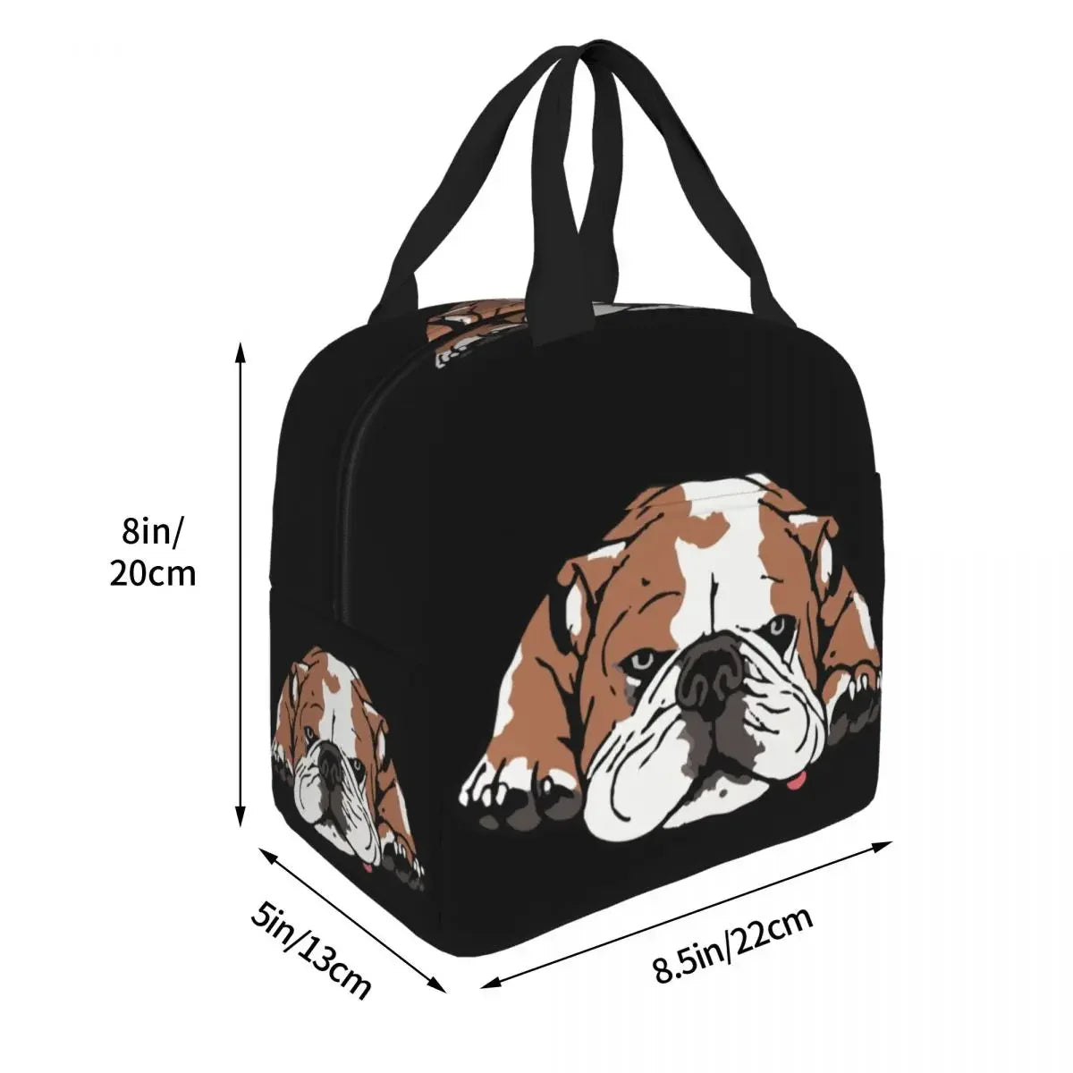 Funny English bulldog insulated lunch bag laid flat — compact 22x20x13cm cooler bag, unique gift for bulldog owners