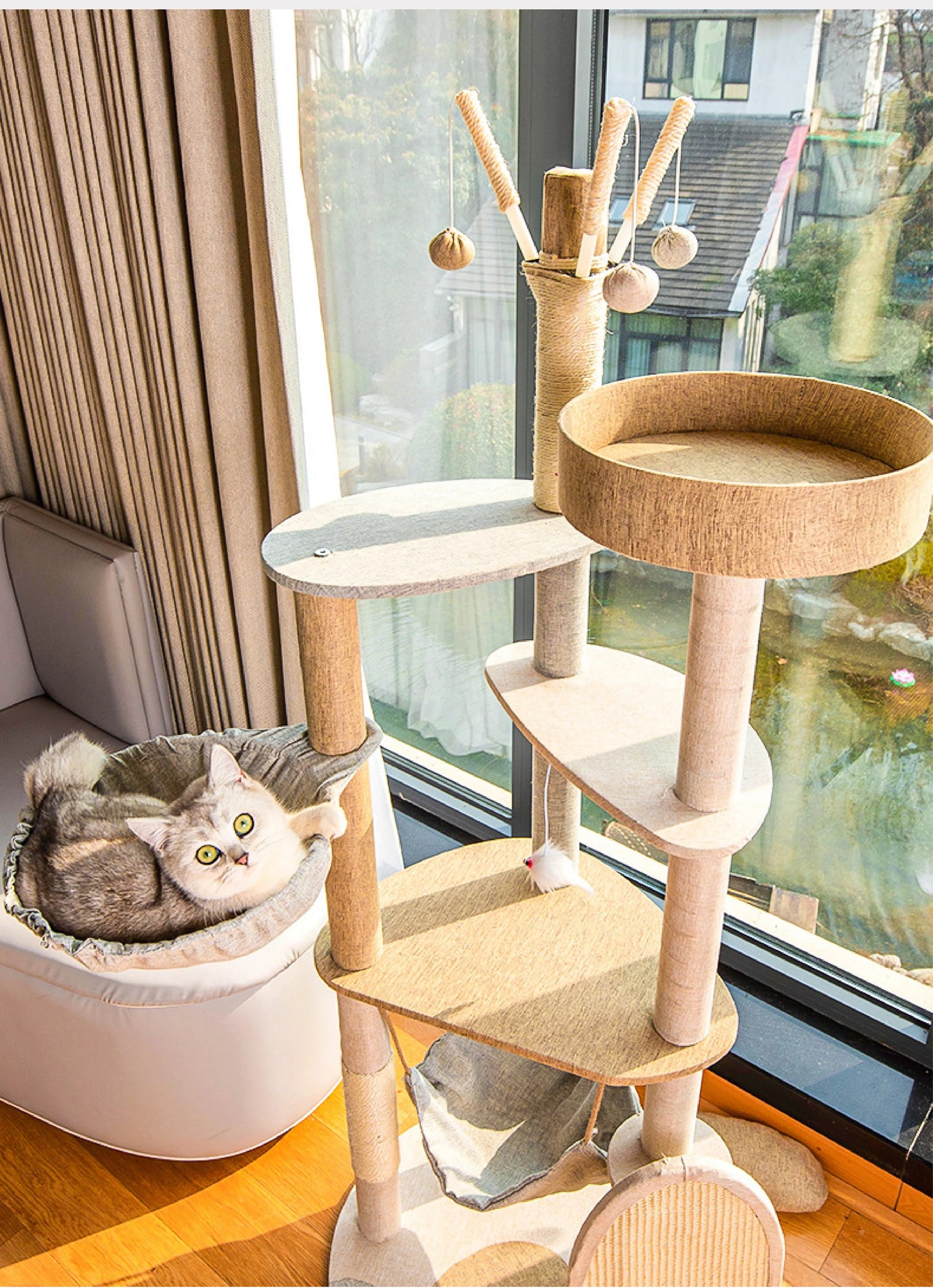 Luxury Adjustable Cat Tower with Hammock - Premium Wooden Multi-Level Cat Playground-Sniffwaggleandwalk™