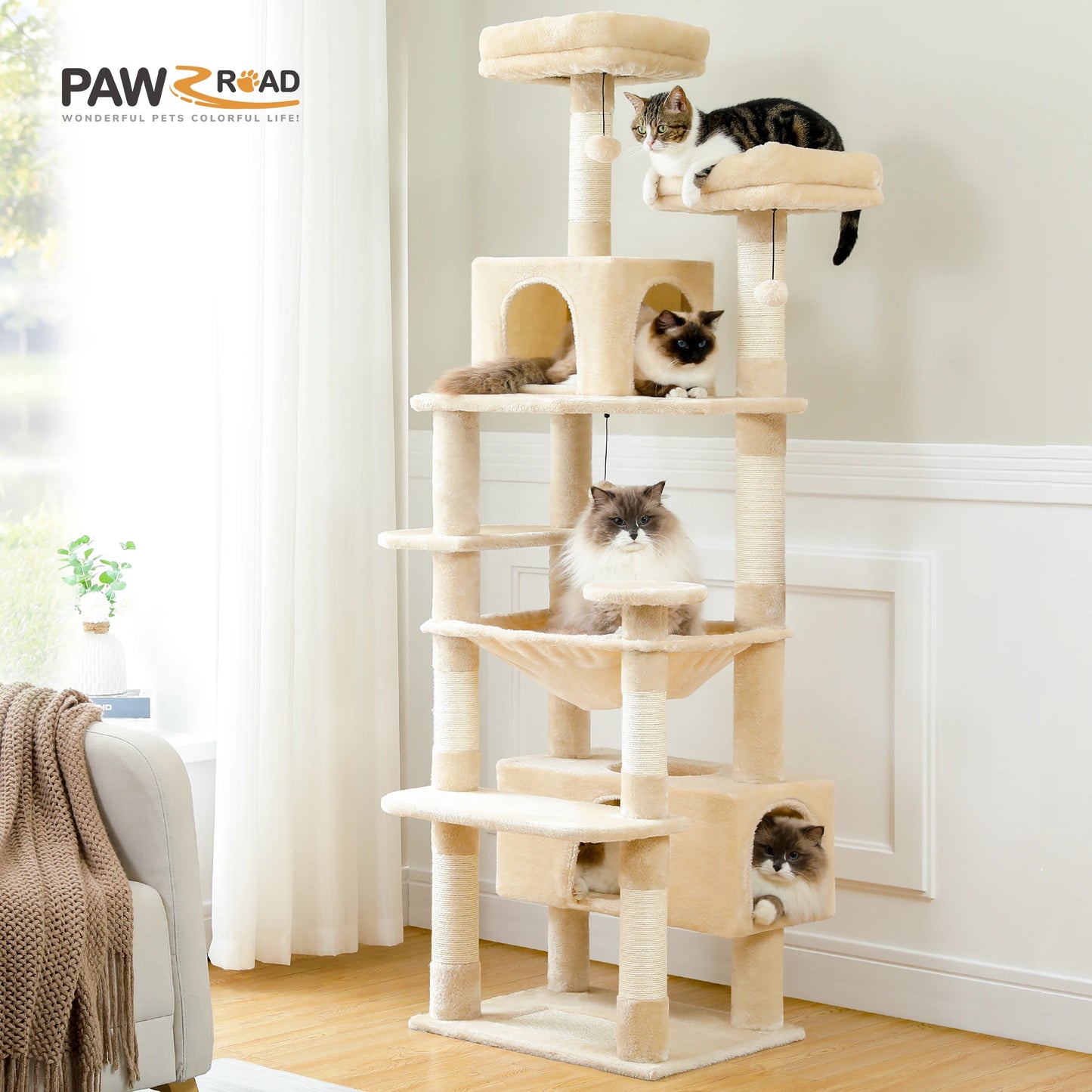 Custom 72” Premium Cat Tree Tower for Large Breeds – Exclusive Luxury Playground for Scratching, Climbing & Napping-Sniffwaggleandwalk™