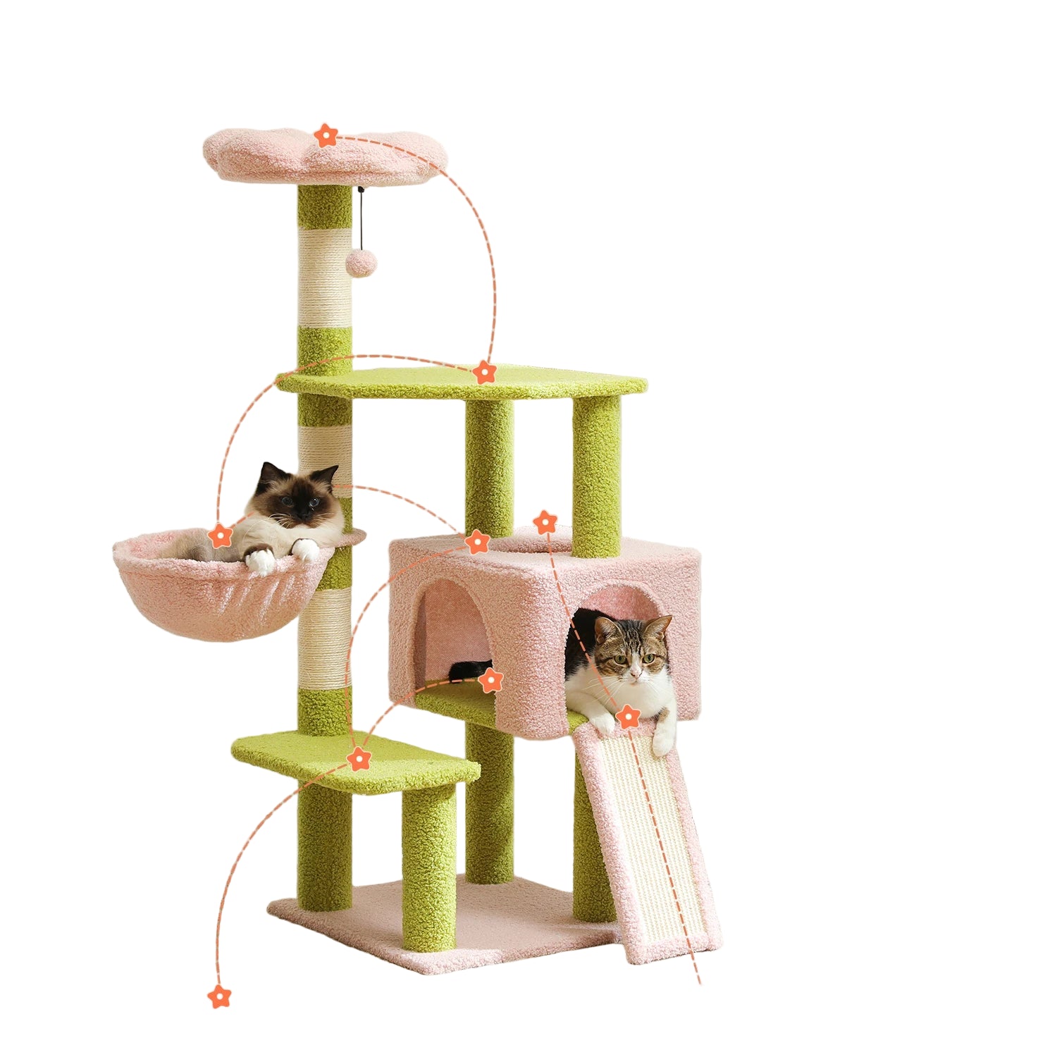 Flower Multi-Level Cat Tree with two cats on a light-colored floor.