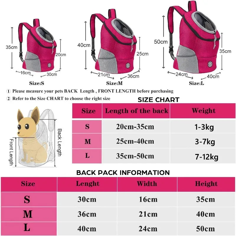 Pink pet backpack with size chart and dimensions on a white background