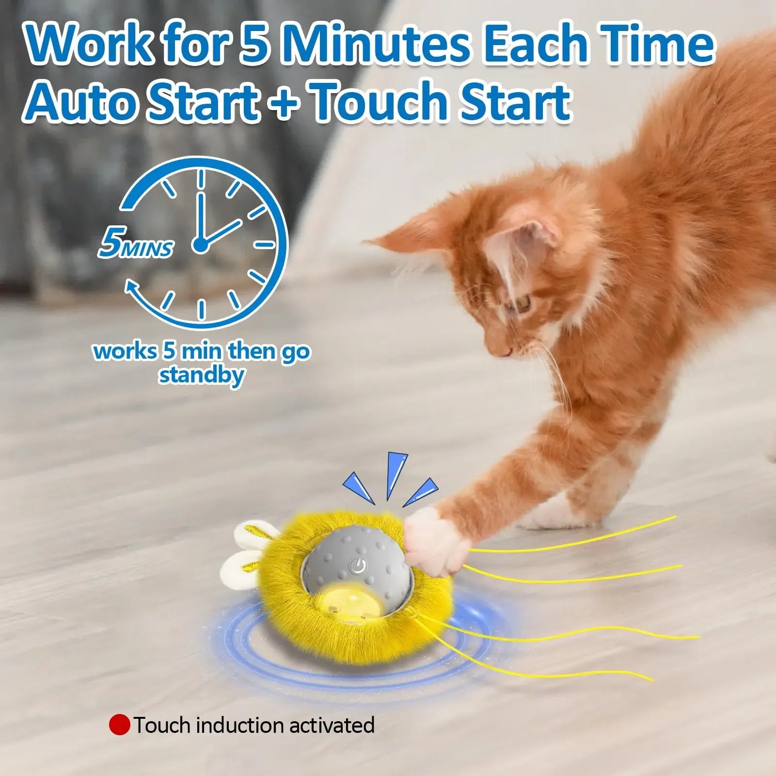 Cat playing with a toy that has text about auto start and touch start features.