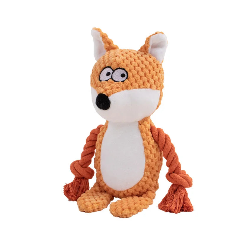 Fox-shaped plush toy with rope on a white background