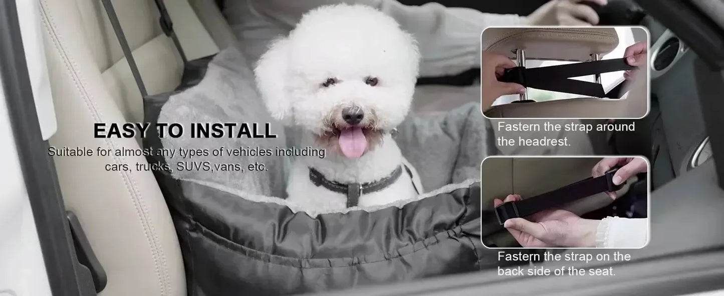 Dog safety seat in a car with installation instructions displayed.