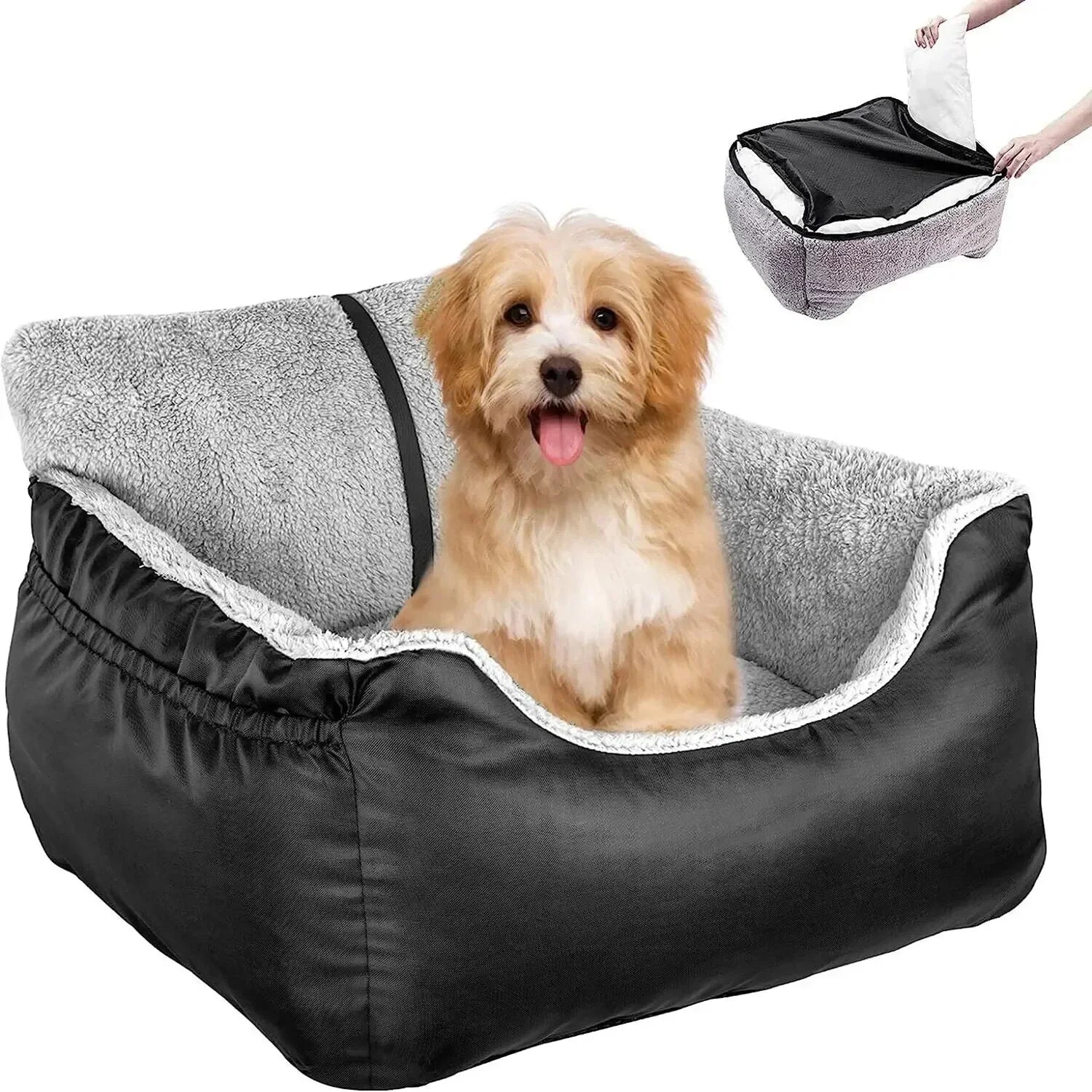 Dog sitting in a black and gray pet bed with a portable pet seat cover in the background.